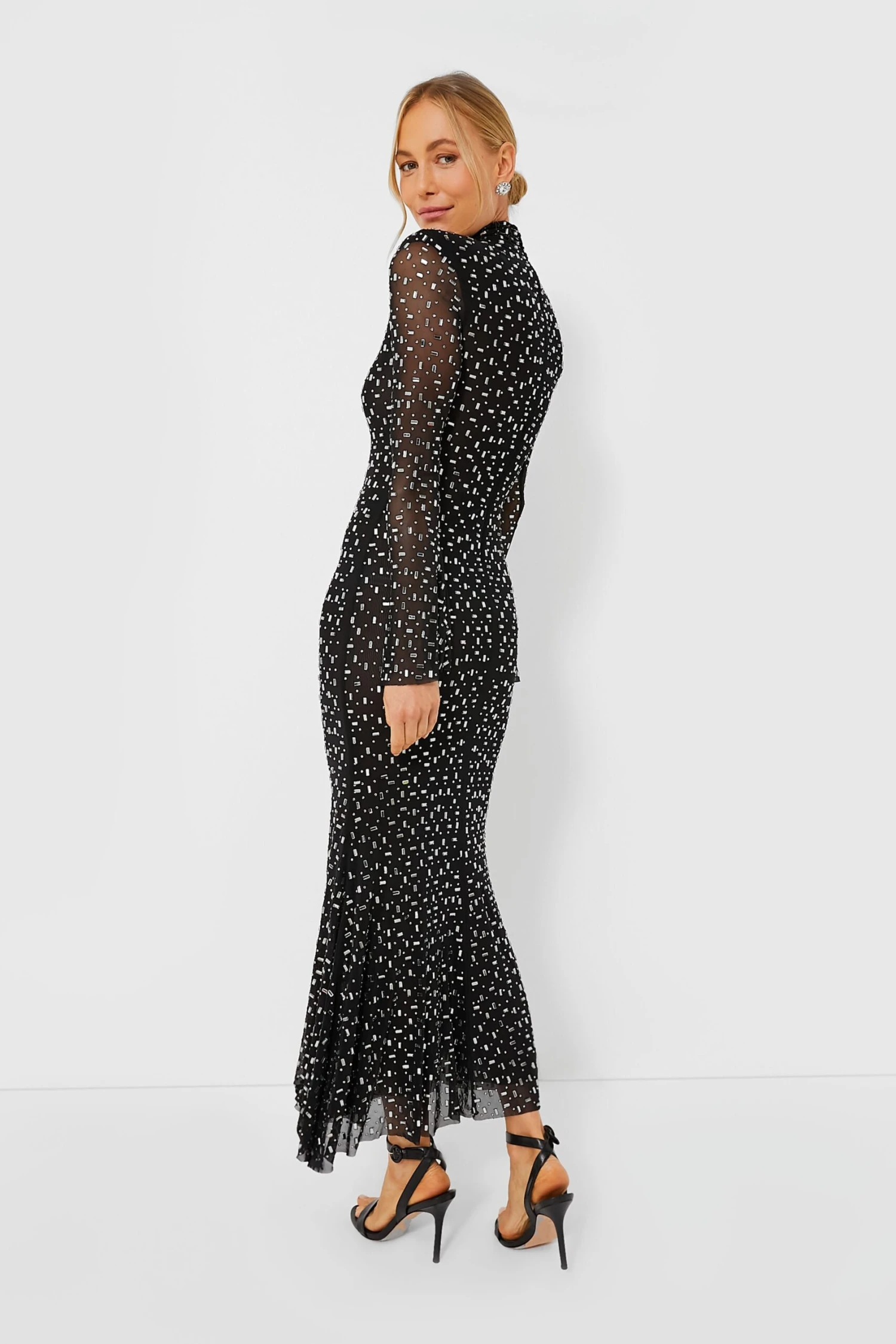 SELF PORTRAIT Black Square Rhinestone Mesh Midi Dress - Image 3