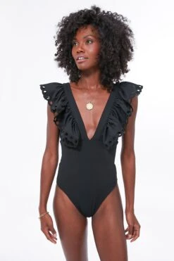 Black Siena Ruffle Scallop One Piece