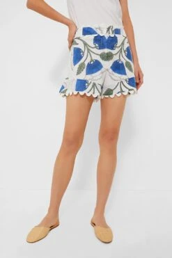 White And Klein Blue High Waist Shorts With Bellflower Block Print