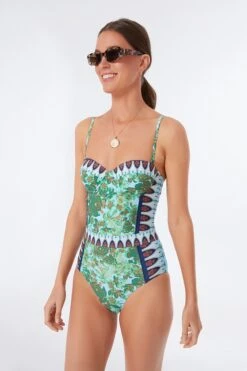 Tory Burch Green Rayure Fleurie Lipsi Printed One Piece