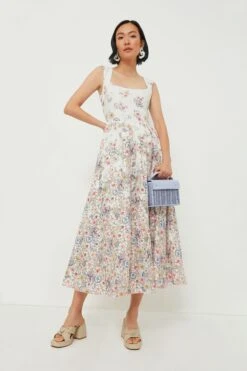 White And Flower Print Midi Dress