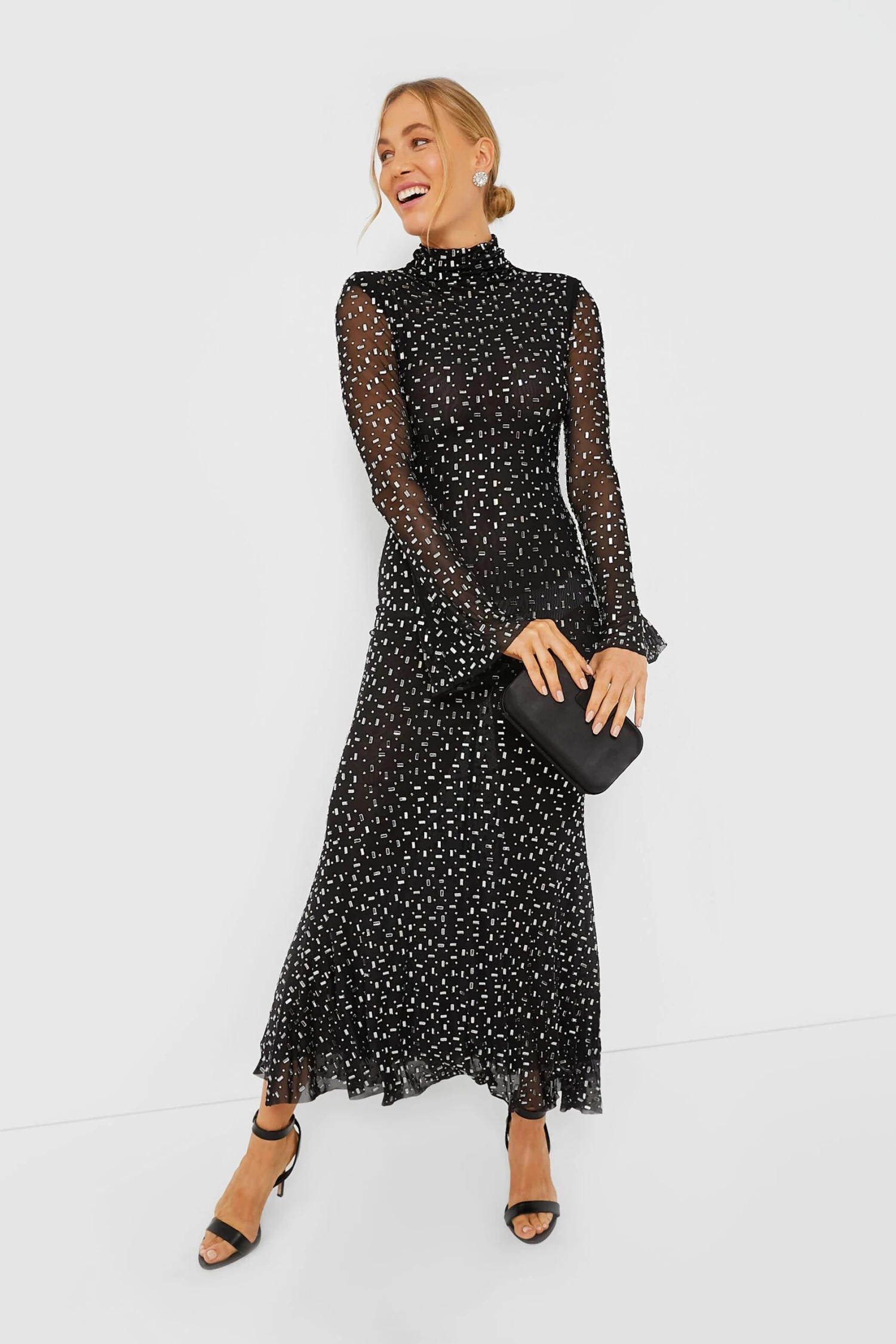 SELF PORTRAIT Black Square Rhinestone Mesh Midi Dress - Image 2
