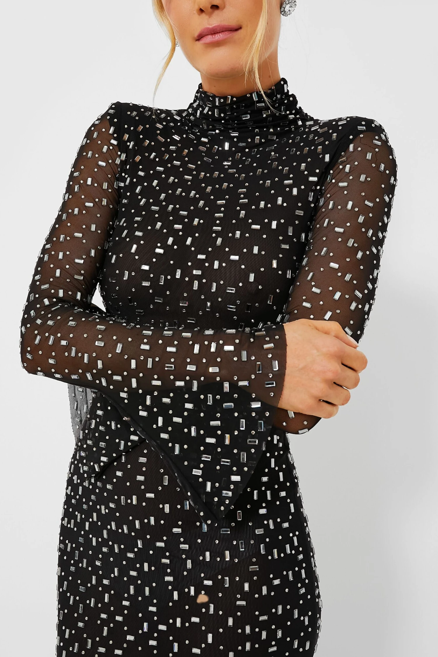 SELF PORTRAIT Black Square Rhinestone Mesh Midi Dress - Image 5