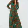 Farm Rio Artsy Leopards Green Long Sleeve V Neckline Maxi Dress